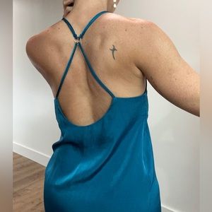 Kendall & Kylie Teal Blue Silky Slip Dress with Slit and X Straps - XS